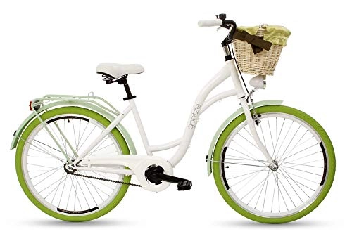 City : Goetze Damenfahrrad 26 Zoll Damen Citybike Stadtrad Damenrad Hollandrad Retro-Design Weidenkorb LED-Beleuchtung Weiß / Grün