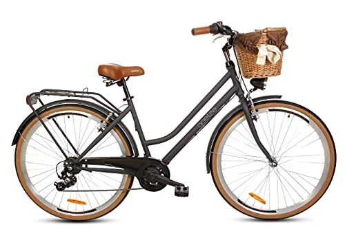 City : Goetze Touring Damenfahrrad Retro Vintage Holland Citybike, 28 Zoll Alu Räder, 7 Gang Shimano Schaltwerk, Tiefeinstieger, Korb mit Bezug Gratis!
