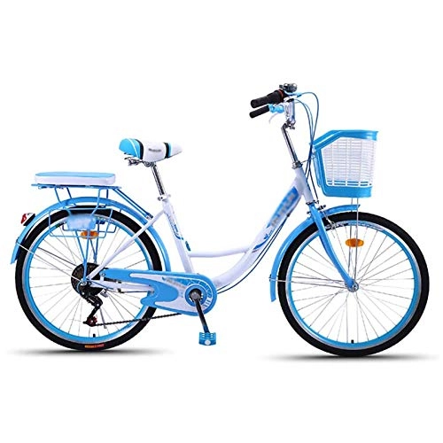 City : GOLDGOD 24 Zoll Klassische Frauen Cruiser Bikes Gemütlich Mädchen-Citybike Mit Kohlenstoffhaltigem Stahlrahmen Und Frontkorb 6-Gang Doppelbremse Damenfahrrad, Blau