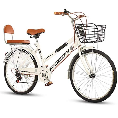 City : GOLDGOD 6-Gang Mädchen-Citybike, Freizeit Retro Design Cruiser Bikes Mit Frontkorb Und Rücksitzkomfort Damenfahrrad, Doppelbremsen Vorne Und Hinten, 24 inch