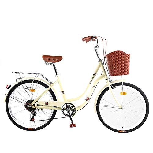 City : GOLDGOD 7-Gang Mädchen-Citybike, 24 Zoll Tragbar Pendeln Jahrgang Cruiser Bikes Mit Doppelbremse Und Korb Kohlenstoffreicher Stahl Damenfahrrad Für Höhe 150-170CM