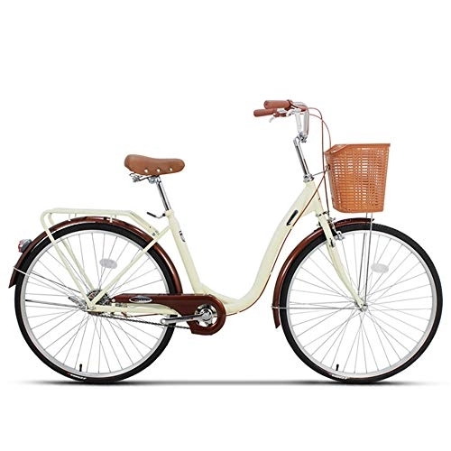 City : JHKGY Cruiser Bikes, Erwachsenen Retro Singlespeed Bike, Single Speed Comfort Bikes Für Männer Frauen, Mit Korb & Gepäckträger, Beige, 26 inch