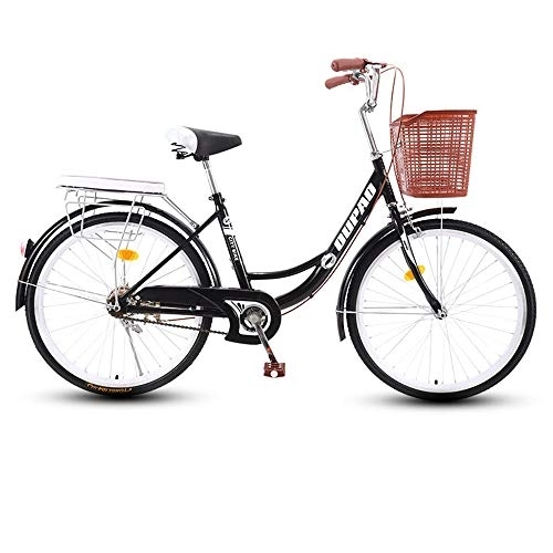 City : JHKGY Urban Pendler Retro Fahrrad, Single Speed Beach Cruiser Bike Für Erwachsene, Jugendliche, Rahmen Aus Kohlenstoffhaltigem Stahl, Vorderkorb, Gepäckträger Hinten, Schwarz, 24 inch