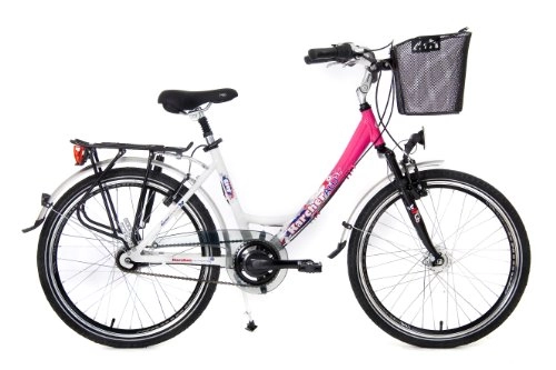 City : Karcher Mädchen Alu-City Mono Fahrrad, 7-Gang Rücktrittbremsnabe mit Shimano-Nabendynamo und Federgabel, weiß / pink, Rahmenhöhe: 36 cm, Reifengröße: 24 Zoll (61 cm), 280217
