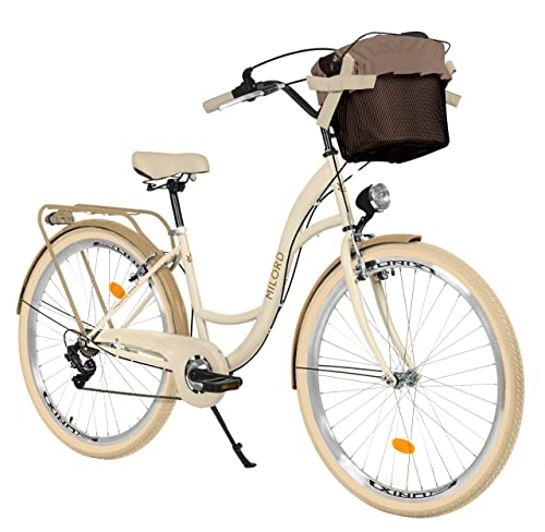 City : Komfort Fahrrad Citybike Mit Korb Damenfahrrad Hollandrad, 28 Zoll, Creme-Braun, 7-Gang Shimano, Beige