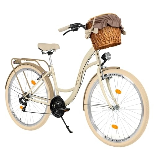 City : Komfort Fahrrad Citybike Mit Weidenkorb Damenfahrrad Hollandrad, 28 Zoll, Creme-Braun, 21-Gang Shimano
