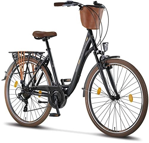 City : Licorne Bike Premium City Bike in 24, 26 und 28 Zoll - Fahrrad für Mädchen, Jungen, Herren und Damen - Shimano 21 Gang-Schaltung - Hollandfahrrad - Violetta - Schwarz