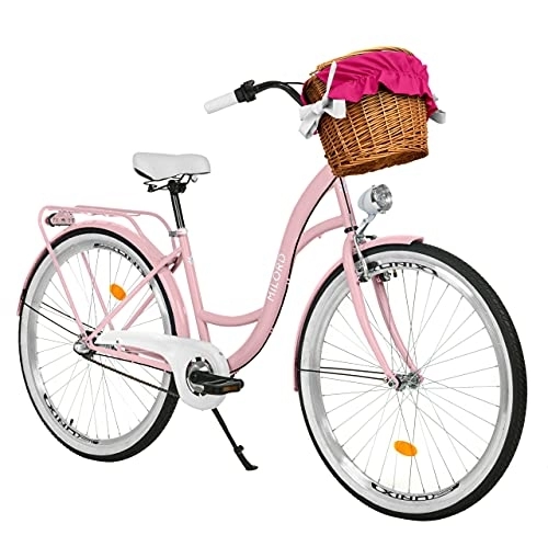 City : Milord. 28 Zoll 3-Gang rosa Komfort Fahrrad mit Korb und Rückenträger, Hollandrad, Damenfahrrad, Citybike, Cityrad, Retro, Vintage