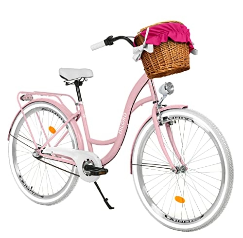 City : Milord Komfort Fahrrad mit Weidenkorb Hollandrad, Damenfahrrad, Citybike, Retro, Vintage, 26 Zoll, Rosa, 3-Gang Shimano