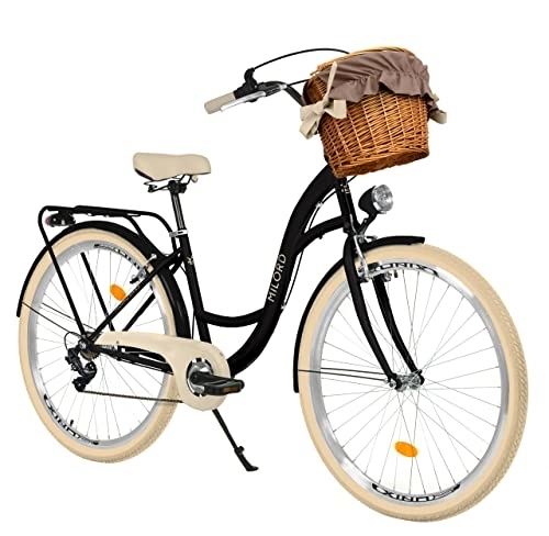 City : Milord Komfort Fahrrad mit Weidenkorb Hollandrad, Damenfahrrad, Citybike, Retro, Vintage, 26 Zoll, Schwarz-Creme, 7-Gang Shimano
