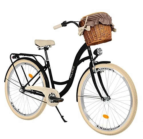 City : Milord Komfort Fahrrad mit Weidenkorb Hollandrad, Damenfahrrad, Citybike, Retro, Vintage, 28 Zoll, Schwarz-Creme, 3-Gang Shimano