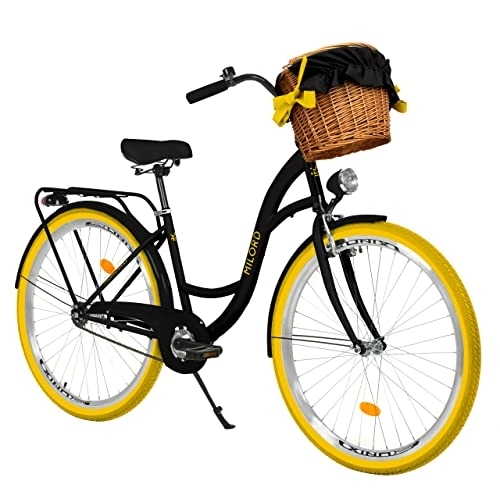 City : Milord Komfort Fahrrad mit Weidenkorb, Hollandrad, Damenfahrrad, Citybike, Retro, Vintage, 28 Zoll, Schwarz-Gelb, 1-Gang