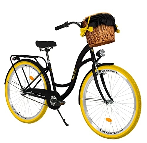 City : Milord Komfort Fahrrad mit Weidenkorb, Hollandrad, Damenfahrrad, Citybike, Retro, Vintage, 28 Zoll, Schwarz-Gelb, 3-Gang Shimano