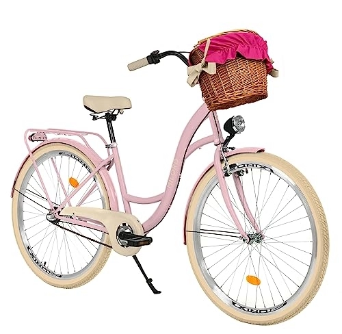 City : Milord Komfort Fahrrad mit Weidenkorb, Hollandrad, Damenfahrrad, Citybike, Vintage, 26 Zoll, Rosa-Creme, 3-Gang Shimano