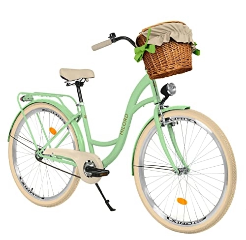 City : Milord Komfort Fahrrad mit Weidenkorb, Hollandrad, Damenfahrrad, Citybike, Vintage, 28 Zoll, Mintze-Creme, 1-Gang