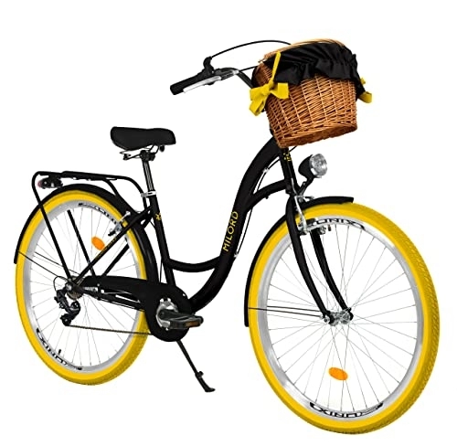 City : Milord Komfort Fahrrad mit Weidenkorb, Hollandrad, Damenfahrrad, Citybike, Vintage, 28 Zoll, Schwarz-Gelb, 7-Gang Shimano