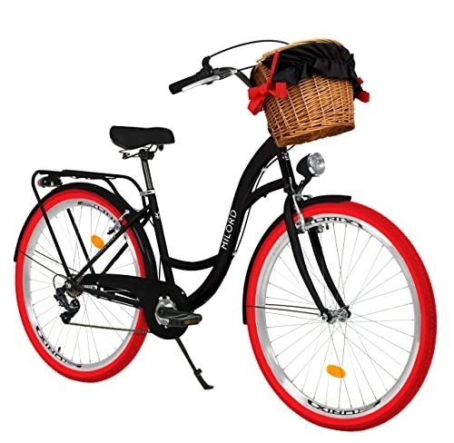 City : Milord Komfort Fahrrad mit Weidenkorb, Hollandrad, Damenfahrrad, Citybike, Vintage, 28 Zoll, Schwarz-Rot, 7-Gang Shimano