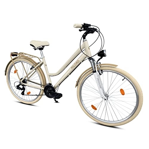 City : Milord Trekking Fahrrad Damenfahrrad, Citybike, Aluminium, 28 Zoll, Creme-Braun, 21-Gang Shimano