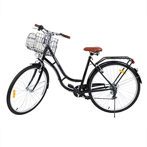 City : MuGuang 28 Zoll 7-Gang, Komfort Fahrrad mit Korb und Rückenträger, Hollandrad, Damenfahrrad, Citybike, Cityrad, Retro, Vintage (Schwarz)