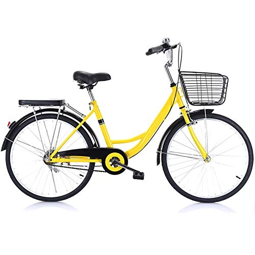 City : Single-Speed-Fahrrad, Damenfahrräder für den Pendelverkehr, Rahmen aus kohlenstoffhaltigem Stahl + aufblasbare Reifen + vorderer Korb + hintere Ablage + hinteres Kissen + Rücklicht, Gelb, 22 inches