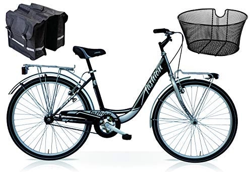 City : SPEEDCROSS Fahrrad 26″ Damen “Fashion” Senza Schaltknauf + Korb und Taschen einschließlich / Schwarze Farbe - Silber