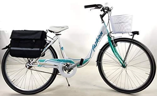 City : Speedcross Fahrrad 26″ Damen “Fashion” Senza Schaltknauf + Korb und Taschen einschließlich / Weiß - Blau in Tiffany
