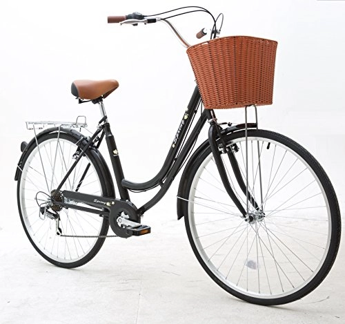 City : Sunrise Cycles Feder, Shimano 6 Gänge Damen und Mädchen Holländischer Stil Citybike, Schwarz mit Blume, 28