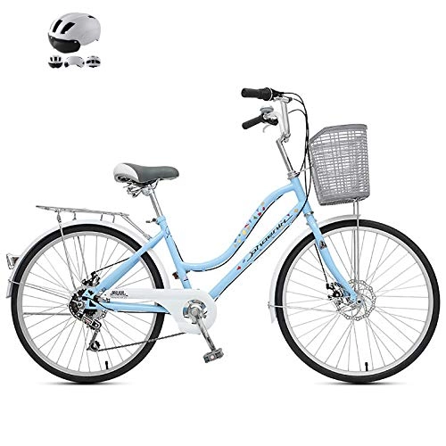 City : ZZD 6-Gang Adult City Bike mit Helm, 24-Zoll-Pendlerfahrräder für 145-165 cm Herren / Damen, mit Doppelscheibenbremsen und Komfortsitz, Blau