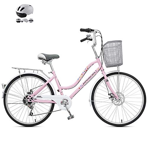 City : ZZD 6-Gang Adult City Bike mit Helm, 24-Zoll-Pendlerfahrräder für 145-165 cm Herren / Damen, mit Doppelscheibenbremsen und Komfortsitz, Rosa
