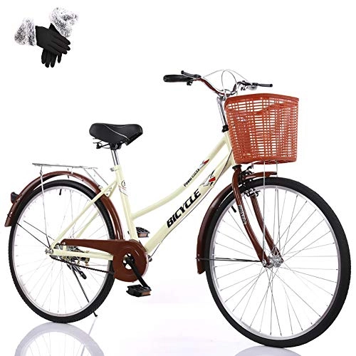 City : ZZD Damen Shopping Commuter Bike, leichtes Retro City Comfortable Bike mit Frontkorb und Doppelbremsen, für Ausflüge und Pendeln, Beige, 26in