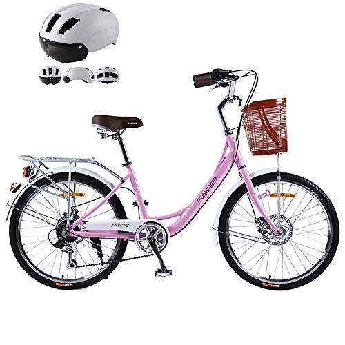 City : ZZD Komfortables Retro-Mädchenrad 7-Gang-Citybike für Frauen, 24-Zoll-Pendlerfahrrad aus Aluminiumlegierung für Frauen, Doppelscheibenbremsen und Helm, Rosa