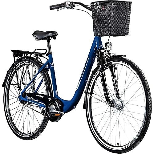 City : Zündapp Z700 Damen Fahrrad Damenfahrrad Tiefeinsteiger mit Korb City Bike V Brake Retro Fahrrad Hollandrad mit Gangschaltung Shimano Cityrad mit Federgabel (blau, 46 cm)