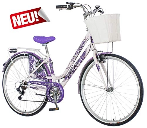 Cruiser : breluxx® 28 Zoll Damenfahrrad Venera Fashion Lavendel Citybike mit Korb + Licht, Retro Bike, 6 Gang Shimano, Modell 2020