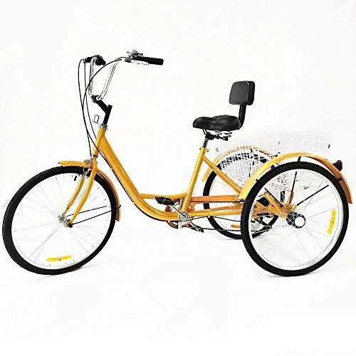 Cruiser : HaroldDol Dreirad fr Erwachsene 24" 6-Gang 3 Rder Fahrrad Gelb Aluminum Tricycle Cruiser Einkaufs Lastenfahrrad mit Korb und Rckenlehne