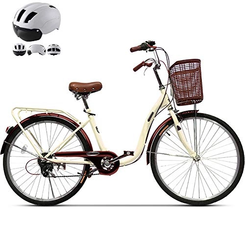 Cruiser : JACK'S CAT 6-Gang-Fahrrad Damen Comfort Bikes Beach Cruiser Bike, 24-Zoll-Komfort-Pendlerfahrrad Rahmen aus kohlenstoffhaltigem Stahl, vorderer Korb und Glocke, Beige
