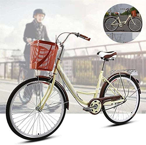 Cruiser : LHY Damenfahrräder, 24"traditionelles klassisches Damen-Lifestyle-Fahrrad Mädchen Heritage-Fahrrad mit Korb Retro Urban Rennrad Cruiser Fahrrad Dutch Style Rahmenzyklus für Studenten, Beige