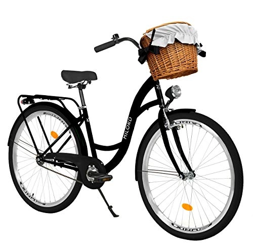 Cruiser : Milord. 28 Zoll 1-Gang schwarz Komfort Fahrrad mit Korb und Rückenträger, Hollandrad, Damenfahrrad, Citybike, Cityrad, Retro, Vintage