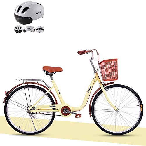 Cruiser : ZZD Leichtes Fahrrad aus Kohlenstoffstahl fr Mdchen und Frauen, Comfort City Bike, 24-Zoll-Cruiser fr Damen, Pendlerfahrrad mit Korb und Glocke, Beige