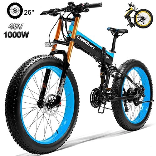 Elektrofahrräder : 1000W Elektrisches Fahrrad 14.5AH / 48V-Lithium-Batterie 27 Geschwindigkeiten Fat Tire Elektro-Fahrrad Folding E-Bike Herren 26x4.0 Zoll Sport Mountain E-Bike für Erwachsene Blue