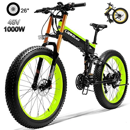 Elektrofahrräder : 1000W Elektrisches Fahrrad 14.5AH / 48V-Lithium-Batterie 27 Geschwindigkeiten Fat Tire Elektro-Fahrrad Folding E-Bike Herren 26x4.0 Zoll Sport Mountain E-Bike für Erwachsene Green