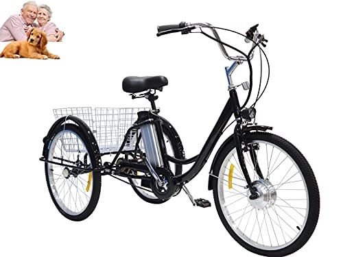 Elektrofahrräder : 24'' Elektro-Dreirad Dreirad für Erwachsene Hybrid-Power-Lithium-Batterie mit Heckkorb für ältere Menschen zur Unterstützung des 3-Rades mit LED-Beleuchtung Belastbarkeit 150 kg(Black 36V12AH)