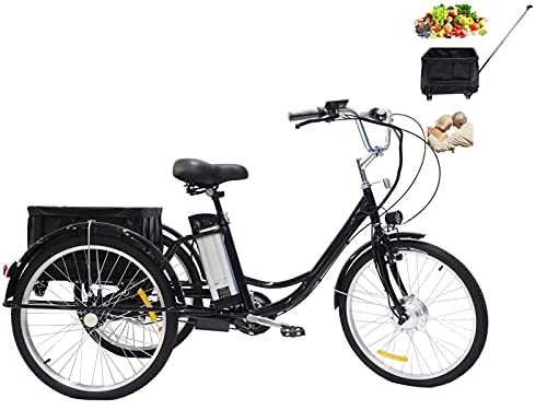 Elektrofahrräder : 24-Zoll-Dreirad für Erwachsene mit elektrischer Unterstützung für 3-Rad-Lithiumbatterie Alter Mann mit Heckkorb (mit Riemenscheibe abnehmbar) Geschenk für Eltern 350w36V12AH