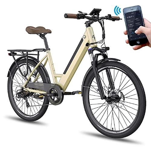 Elektrofahrräder : 26 Zoll E-Bike Citybike Dame Bike Mit Smart App und Silikonsattel, Bremslicht - 36V 10Ah Akku, 250W Motor, Bis 90 km Reichweite, Max120kg, Passend für 160-198 cm, 5 Level PAS (Golden)