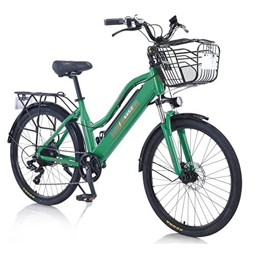 Elektrofahrräder : AKEZ Elektrofahrrad für Erwachsene, Damen, E-Bike für Erwachsene, 66 cm (26 Zoll), elektrisches Mountainbike für Damen mit abnehmbarem Lithium-Ionen-Akku, 7-Gang-E-Bike für Damen (grün)