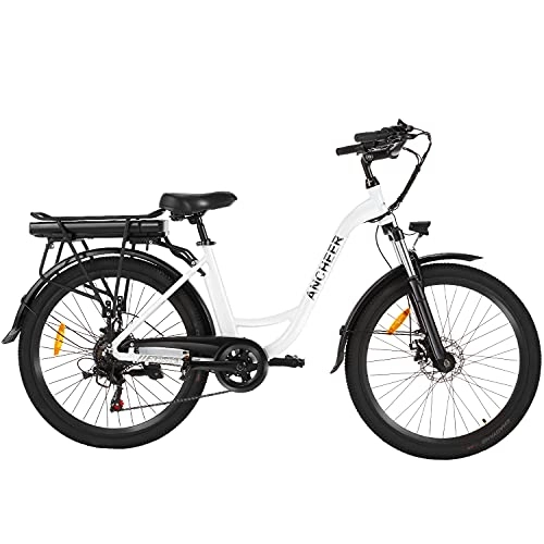 Elektrofahrräder : ANCHEER 26" E-Bike mit Abnehmbarer 12, 5-Ah-Akku, 250 watt Elektrofahrrad City Cruiser Doppelscheibenbremsen 6-Gang-Getriebe Pedelec (Weiß)