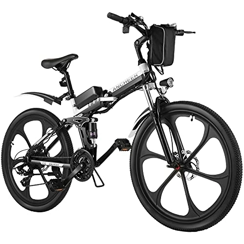 Elektrofahrräder : ANCHEER 26 Zoll E-Bike Mountainbike 250W Motor 36V 8AH Lithium Akku 21-Gang, Faltbares Elektrofahrrad Klapprad Pedelec mit 6-Speichen-Rad Vollfederung