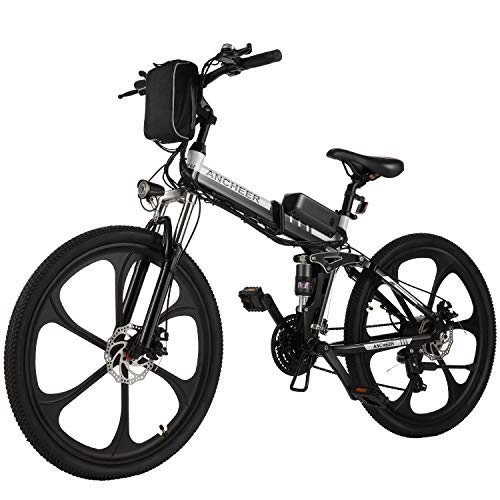 Elektrofahrräder : ANCHEER 26 Zoll E-Bike Mountainbike 250W Motor 36V 8AH Lithium Akku 21-Gang, Faltbares Elektrofahrrad Klapprad Pedelec mit 6-Speichen-Rad Vollfederung (Schwarz)