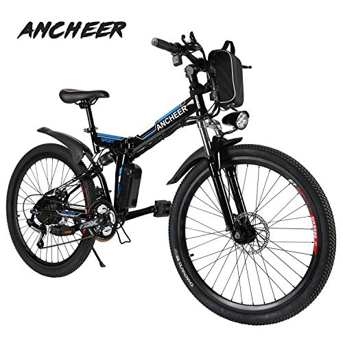 Elektrofahrräder : ANCHEER Elektrofahrrad 26 Zoll Faltbares Mountainbike E-Bike 36V 250W Groe Kapazitt Lithium-Akku und Ladegert, Premium Volle Suspension und Shimano Zahnrad (Schwarz & Blau)