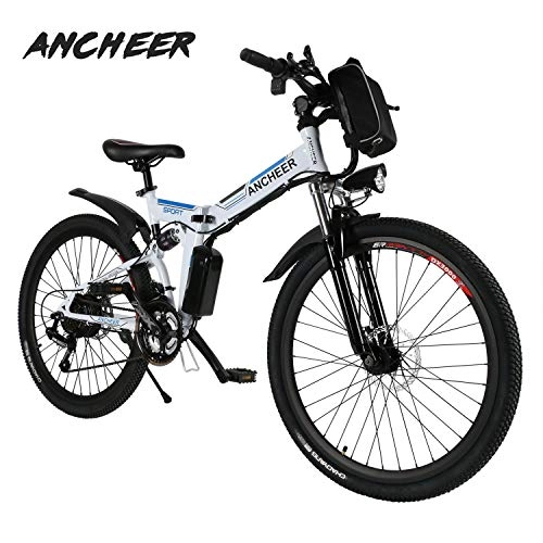 Elektrofahrräder : ANCHEER Elektrofahrrad Faltbares Mountainbike, 26 Reifen Elektrisches Fahrrad Ebike mit 250W bürstenlosem Motor und 36V 8Ah Lithium-Batterie Shimano 21-Gang (Weiss-)