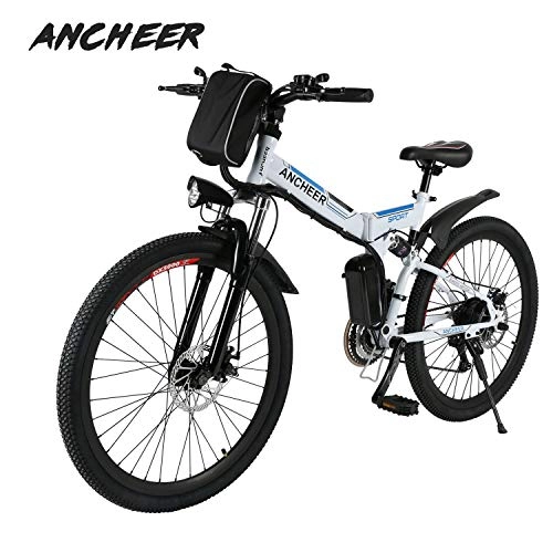 Elektrofahrräder : Ancheer Elektrofahrrad Faltbares Mountainbike, 26 Zoll Reifen Elektrisches Fahrrad Ebike mit 250W brstenlosem Motor und 36V 8Ah Lithium-Batterie Shimano 21-Gang (wei)